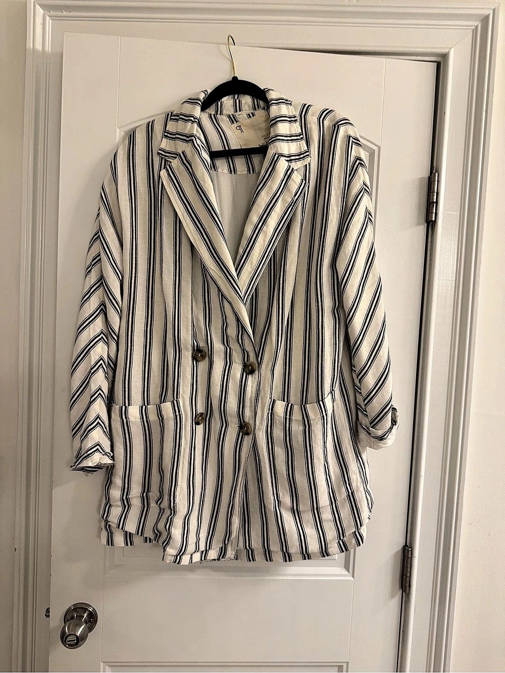 PILCRO Striped Blazer in White & Blue Size Medium Like New